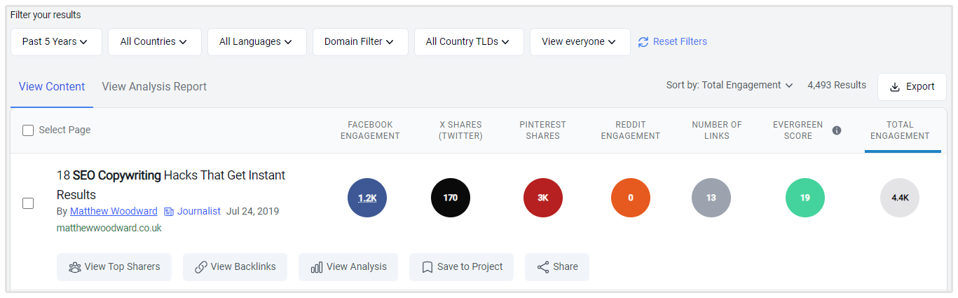 Vista de enlaces entrantes de Buzzsumo